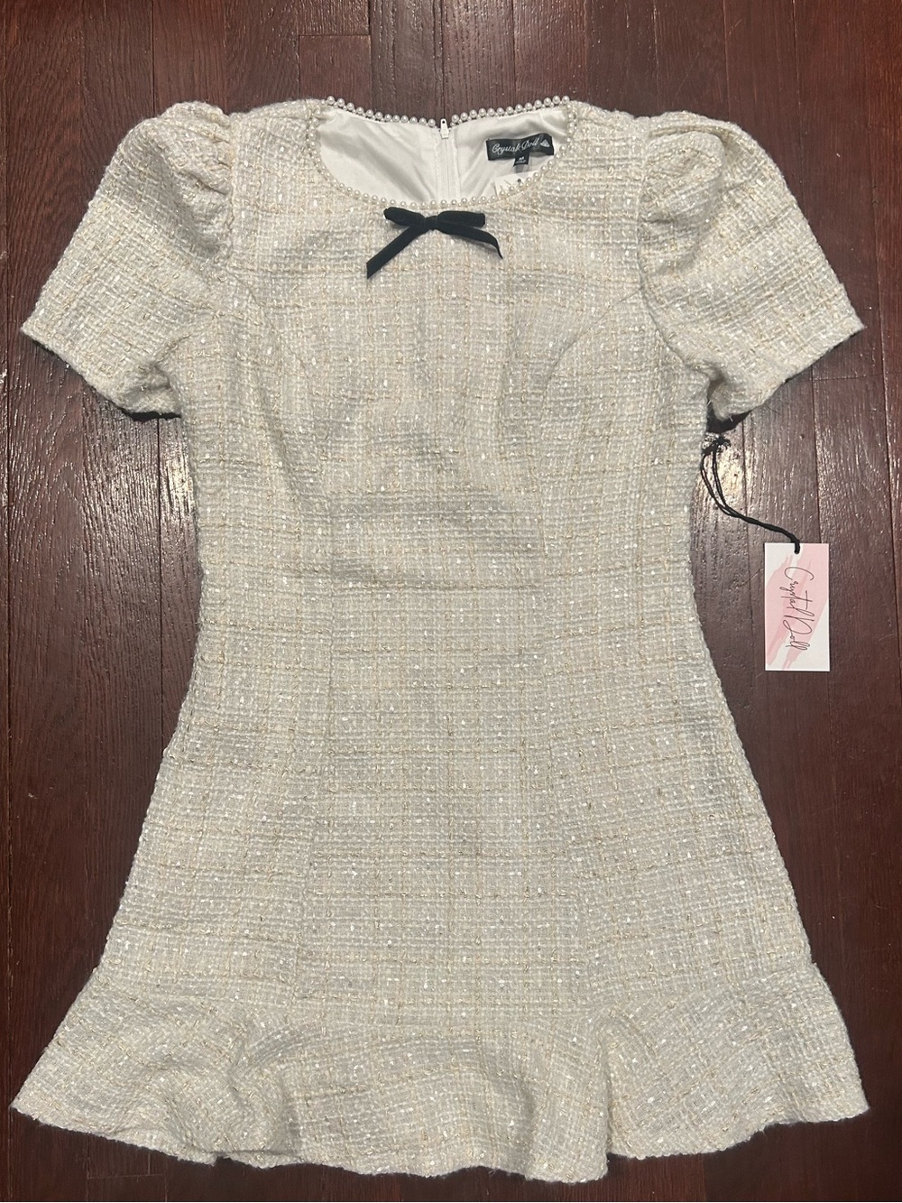 Crystal Doll Ivory Tweed Mini Dress with Black Bow